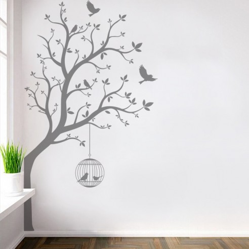 Sticker décoration arbre avec cage à oiseaux - Stickers muraux nature
