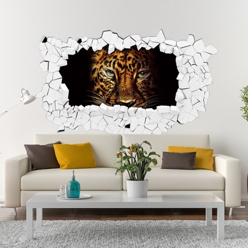 Sticker mural 3D tête de lion. Sticker autocollant trompe l'oeil