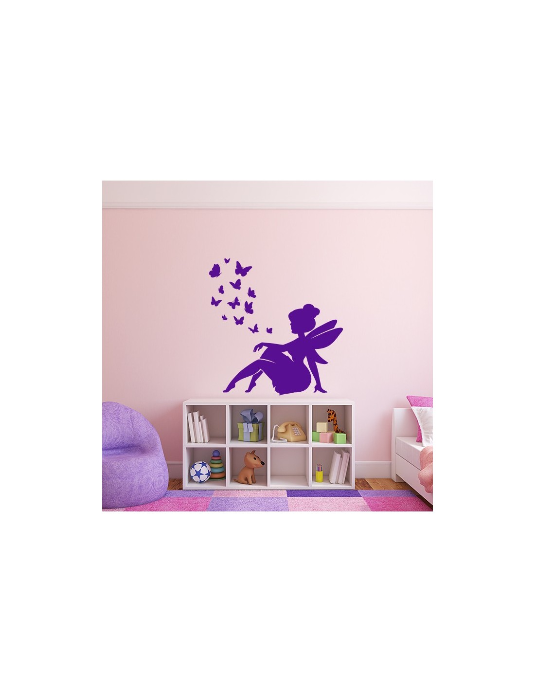 Sticker mural Fée volante et papillons pour enfant - Acte Deco