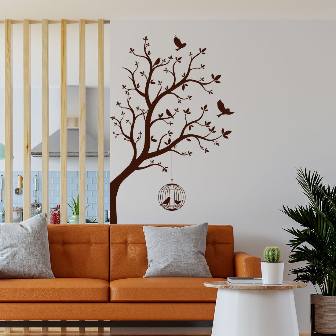 Sticker décoration arbre avec cage à oiseaux - Stickers muraux nature