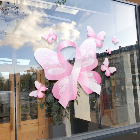 Sticker coeur fleuri octobre rose pour vitrine commerce, pharmacie